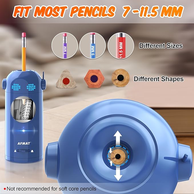 AFMAT Electric Pencil Sharpener, Fully Automatic Colored Pencil Sharpener for 7-11.5mm Pencils, Auto in & Out, Robot Pencil Sharpener for Kids, Rechargeable Hands-Free with Dotted Eyes, PSX5ET, Blue