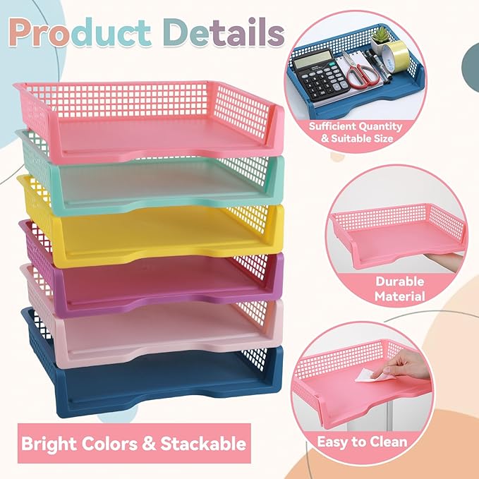 gisgfim 6 Pcs Turn in Trays Classroom Colorful Paper Tray for Classroom Organization and Storage Stackable Plastic Book Baskets Turn in Bins Teacher Organizers for Library Drawers School Office Desk