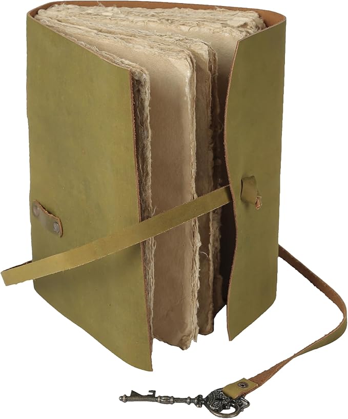 Leather Journal with Deckle Edge Paper 8x6 inch and Vintage Key | Handmade Writing Notebook Diary | Bound Daily Notepad for Men & Women Medium, Sketch/Writing pad for Artists