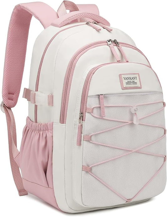 Teen Backpack for Girls, Women Bookbag for College Students Middle High School, Aesthetic Schoolbag Back Pack, White Pink