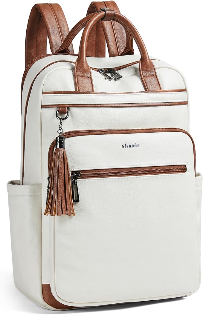 Shrrie Laptop Backpack for Women 15.6 inch Travel Leather Backpack Purse Work Computer Backpacks for Business College Beige