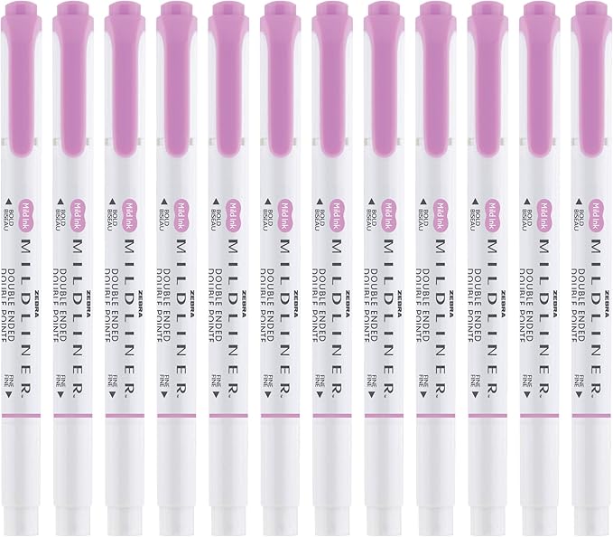 Zebra Pen Mildliner Double-Ended Highlighter Marker Set, Broad and Fine Point Tips, Ideal for Bible Highlighting, No Bleed, Mild Magenta Ink, 12-Pack (78270upc)