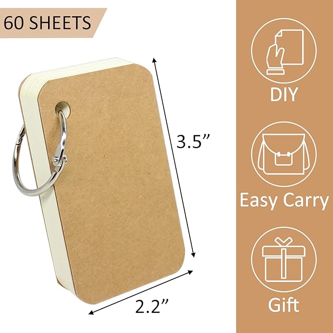 zmybcpack 24 Pack Blank Flash Cards with Binder Rings (60 sheets), 2.2 x 3.5 Inches Blank Easy Flip Index Card Mini Study Cards for Studying