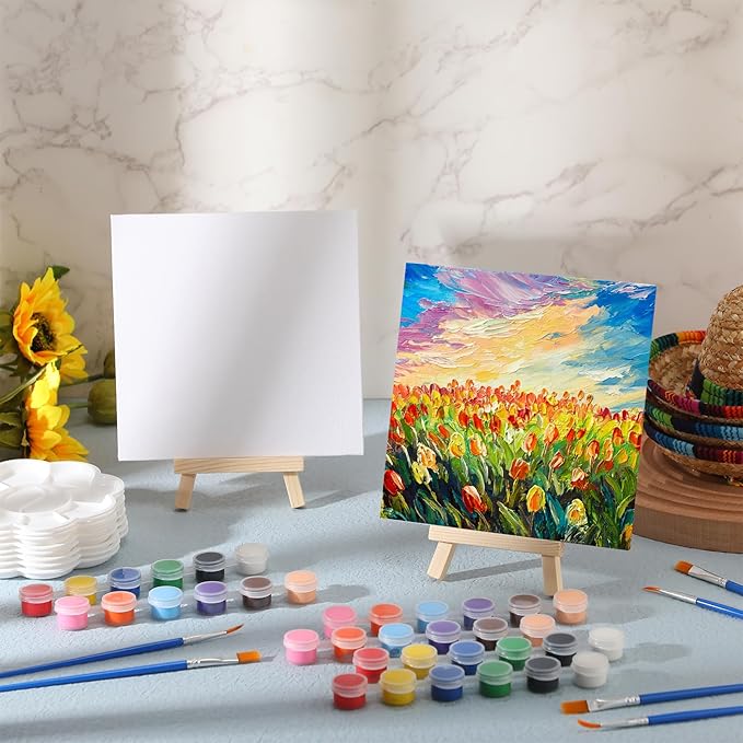 Qilery 12 Set Canvas Painting Kit, Mini Canvas with Wooden Easels Acrylic Paints Strips, Brushes, Palette, Art Set for Acrylic Oil Watercolor Adults Birthday Party Favors(6 x 6 Inch)
