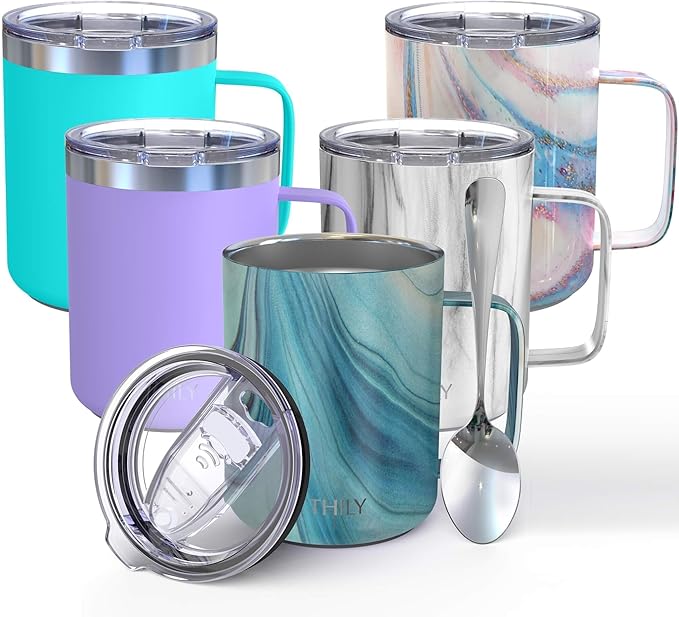 THILY Vacuum Insulated Travel Coffee Mug 12 oz Triple-Insulated Stainless Steel Coffee Cup with Handle, Spill-Proof Lid, Lightweight, Keeps Drinks Hot for Hours, Blue Swirl