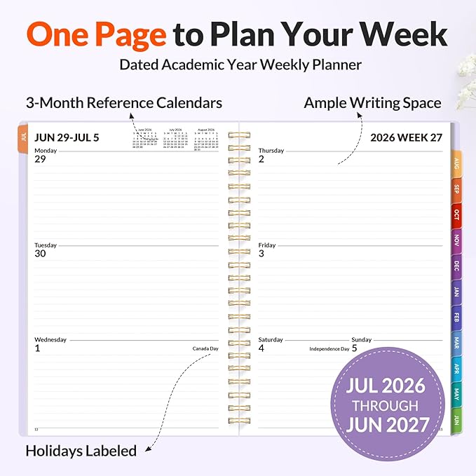 SUNEE Academic Planner 2026-2027 – Weekly & Monthly Planner, July 2026 to June 2027, 6.4"x8.3", Thick Paper, Tabs, Pockets, Bookmark, Spiral-Bound, Student Teacher Organizer, Purple