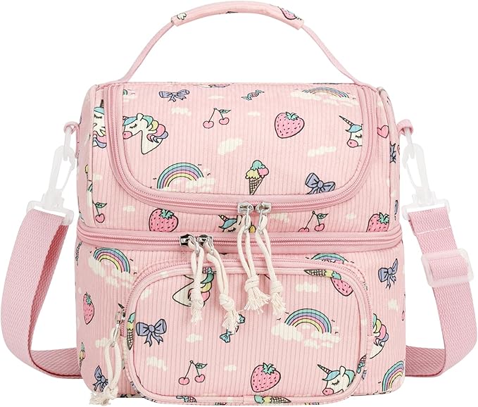 HowFly Lunch Bag for Women Insulated Lunch Boxes Corduroy Resuable Double Deck Lunch Box for Girls Teens Kigs Boys Portable Thermal Cooler Bags for School Work, Unicorn