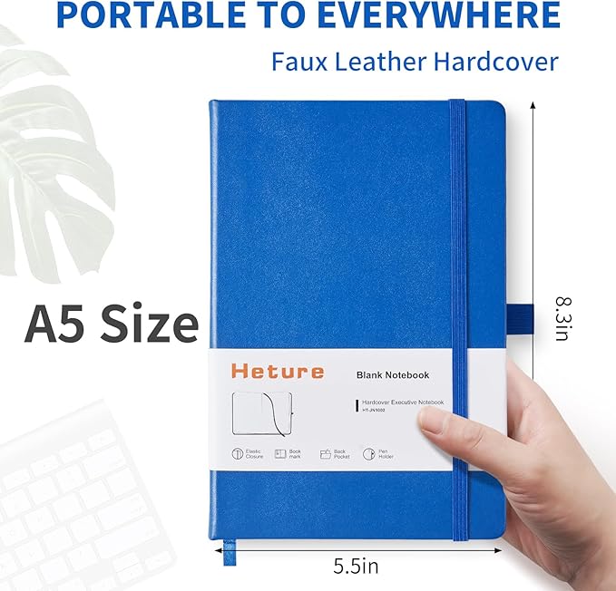 Heture Hardcover Notebooks, A5 Blank Notebook for Writing 160 Pages, 8.2 x 5.5 inch, Classic Blank Notebooks for College/Work/Travel (Blanked-3 Pack, Blue)