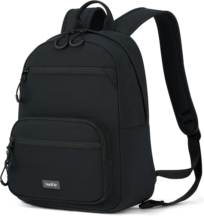 HanTrip 13 Inch Mini Small Travel Backpack Cary on For Women Men, Black | 13L Capacity, Lots of Pockets, Padded Shoulder Strap, Lightweight, Water Resistant, Bookbag for College, Commuter, Work