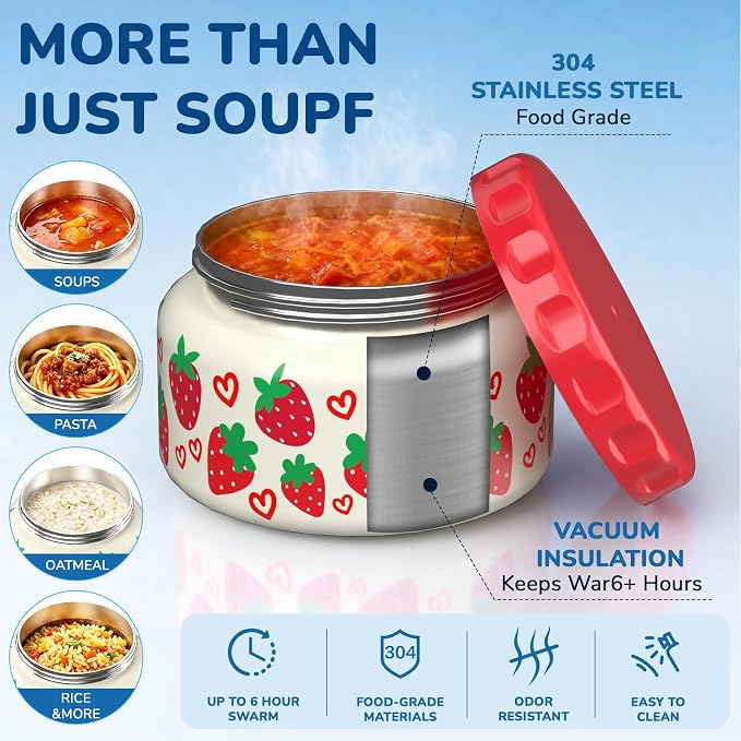 Bento Lunch Box for Kids–3 Compartment Leak Proof Insulated Lunch Container | Strawberry Design Lunch Box-With 12oz Stainless Steel Food Soup Jar & Built-in Ice Pack Bento Box for Boy Girls School Travel