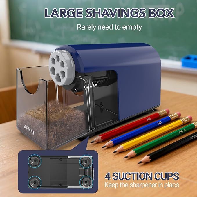 AFMAT Electric Pencil Sharpener for Classroom, 6 Holes, Cordless & Rechargeable, Fast Sharpen, Auto Stop, 10K+ Uses, Heavy Duty Pencil Sharpener for 6-11mm No.2/Large/Colored Pencils PSD2(Blue)
