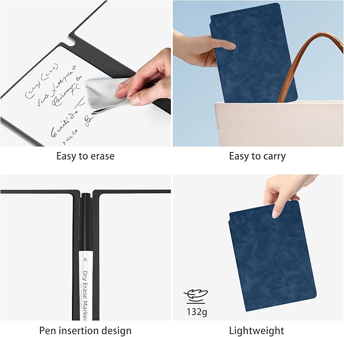 Marte Vanci Whiteboard Notebook Reusable Dry Erase Whiteboard with Pen and Wiping Cloth A5 Portable Dry Erase Pad with PU Cover White Board for Notes Lists Memo Message Presentation(Dark Blue)