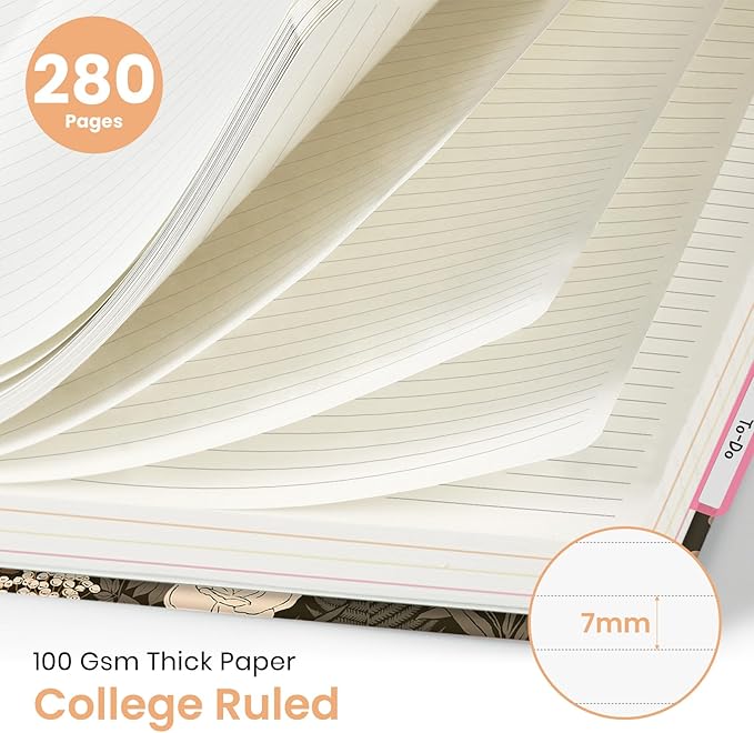 Large Lined Spiral Journal for Women Cute Hardcover 5 Subject Notebook for Work 8.5" x 11" with Removable Dividers & Tabs, College Ruled, 280 Pages Aesthetic Journal for Work, School & Note Taking, Wild Rose