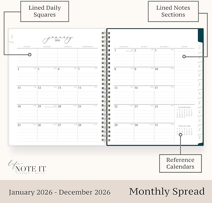 Blue Sky Life Note It 2026 Weekly and Monthly Planner Notes, January 2026 - December 2026, 7" x 9", Flexible Cover, Durable Twin Wire Binding, Storage Pocket, 50 Perforated Notes Sheets, Marina