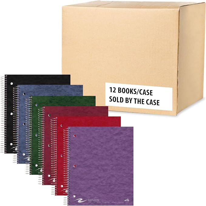 ROARING SPRING 4 Subject Spiral Notebook, 12 Pack, 11" x 9", College Ruled, 200 Perforated Sheets, Assorted Eco Press Covers, 4 Double Storage Pockets, Made in USA