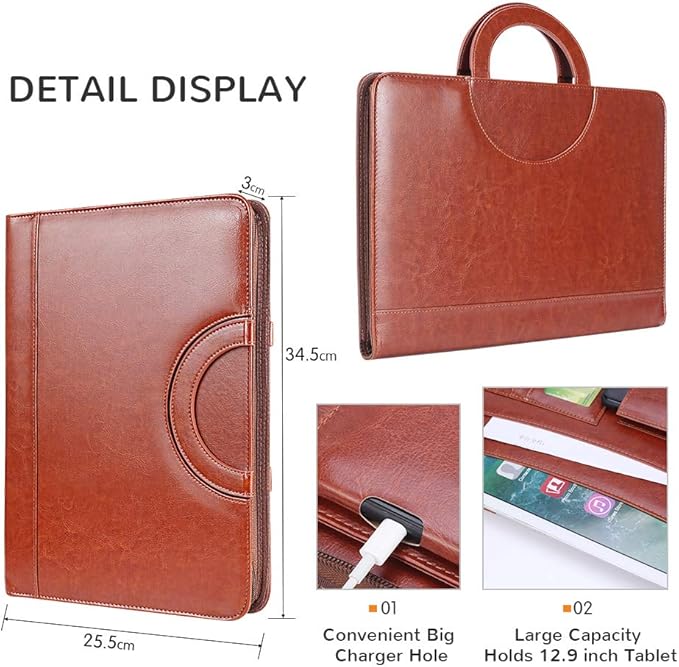 Darolin Vegan Leather Padfolio Portfolio with Handle & Clipboard, Zippered Business Portfolio Organizer for Meetings, Interviews & Travel, Fits A4 & Letter Size, Padfolio for Men Women (Brown)