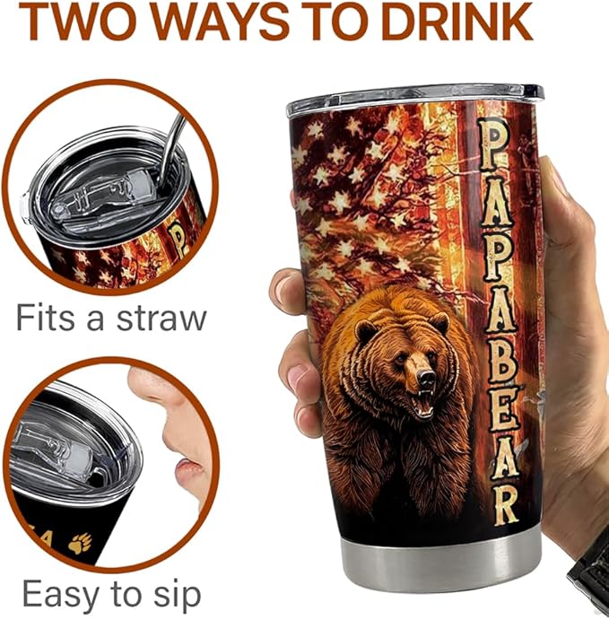 SANDJEST Dad Tumbler 20oz Stainless Steel Cup Papa Bear Insulated Travel Mug Dad Gifts from Daughter Son Gift for Dads Papa Father on Birthday Christmas Fathers Day