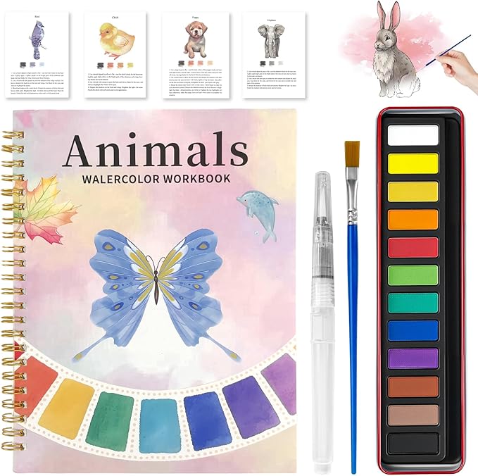 Watercolor Workbook, Watercolor Coloring Book Beginner Friendly Painting kit for Adults, 12 Colors Water Color Paint with Palette & 2 Brush, Exploration Gift (Animals)