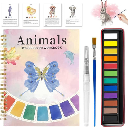 Watercolor Workbook, Watercolor Coloring Book Beginner Friendly Painting kit for Adults, 12 Colors Water Color Paint with Palette & 2 Brush, Exploration Gift (Animals)