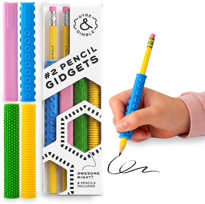 Gyre & Gimble Gidgets for #2 Pencils | Textured Silicone Pencil Sleeve for Quiet & Calm Fidgeting | 4 Sleeves & 2 Pencils | ADHD Sensory Tool for Kids & Adults