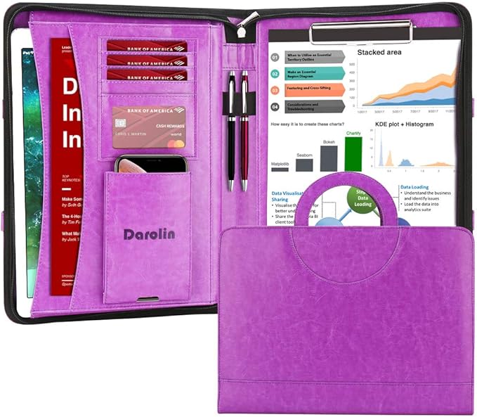 Darolin Vegan Leather Padfolio Portfolio with Handle & Clipboard, Zippered Business Portfolio Organizer for Meetings, Interviews & Travel, Fits A4 & Letter Size, Padfolio for Men Women (Purple)