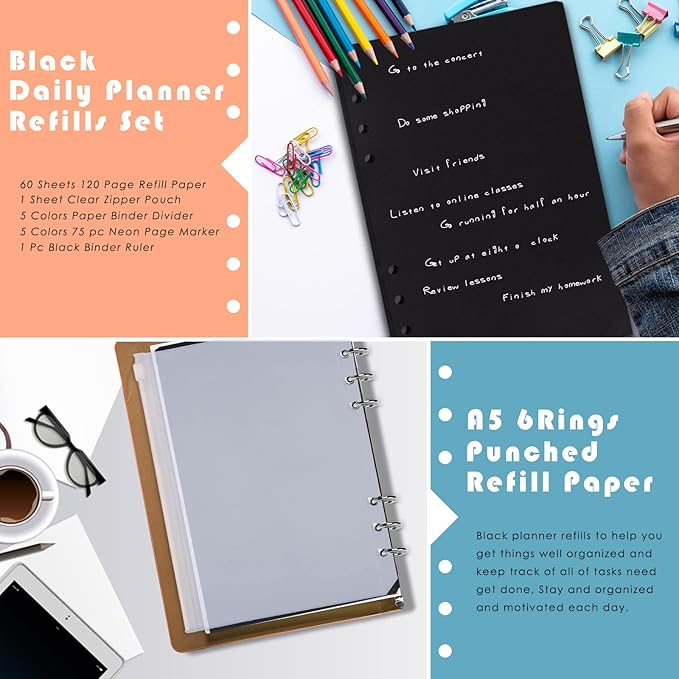 Rancco A5 Planner Inserts 6 Rings Planner Refills Set, 60 Sheet Black Blank To Do List Loose Leaf Paper w/Zipper Pouch, Binder Dividers, Ruler, Index Tab for Journal, Double-sided, Undated, 8.3x5.6in