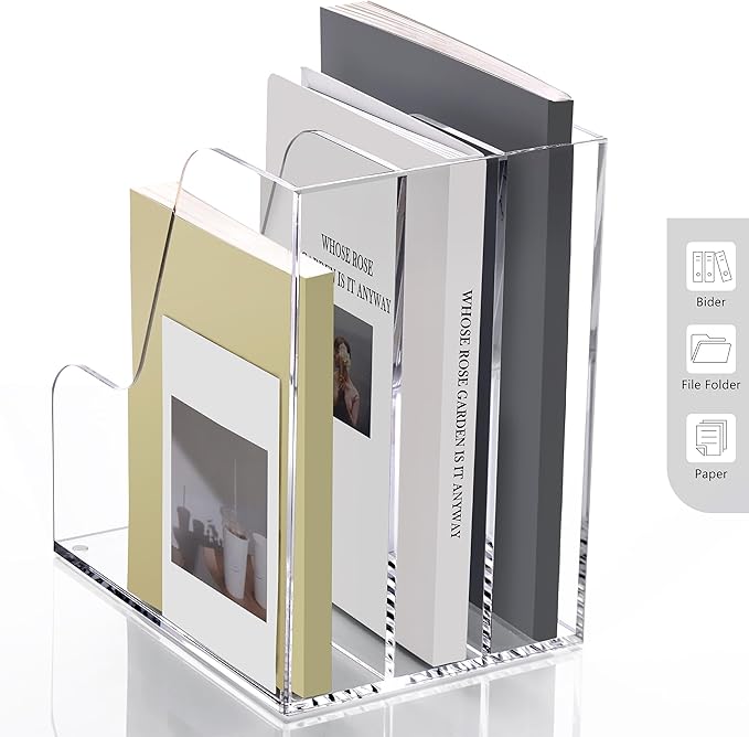 SANRUI Clear Vertical Magazine File Holder, Acrylic Desk Organizer and Storage Bins Holding for Magazines Binders, Notebooks, Envelopes A4 Folder Binder Holders Sorter, 3 Compartments