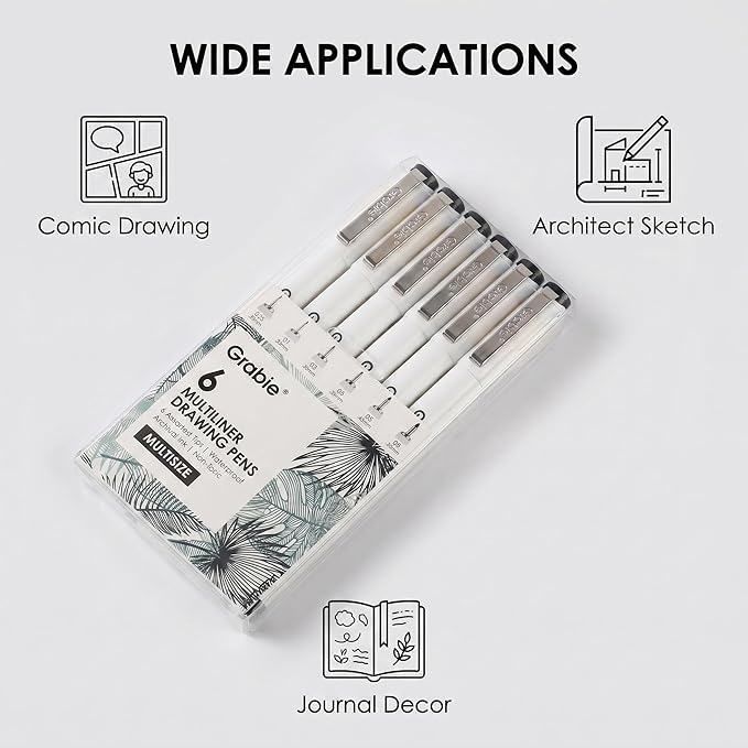 Grabie Micro Finerliner Pens, 6 Black Fine Line Waterproof Drawing Pens, Assorted Point Sizes for Sketching, Illustration, Journaling, Art Supplies