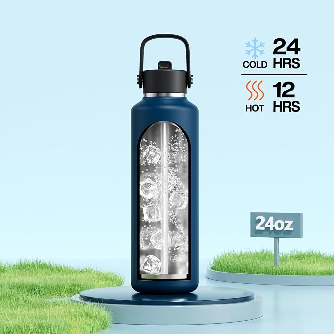 POWCAN 24 oz Insulated Stainless Steel Water Bottle with 2 Lids, Straw & Spout Lid, Cleaning Brush, Leakproof, Keep Cold 24H, Cupholder Friendly for School, Sport, Outdoors (Indigo)