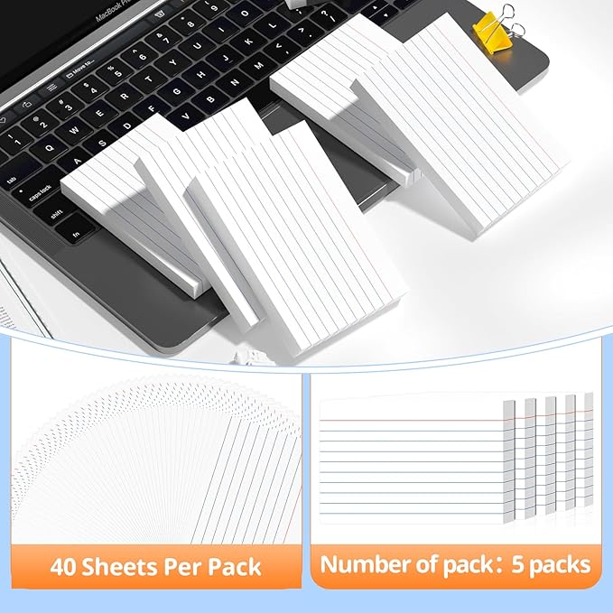 Index Cards 4x6, White Flash Cards, Lined Flashcards Notecards, Note Cards for Studying, 180GSM Study Card, 200 Count, 5 Pack of 40