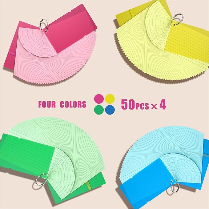 Colored Index Cards 3x5, Flash Cards with Ring, 200 PCS, Ruled Note Cards, Flash Cards for Studying, 3x5 Note Cards for Office, Home, School