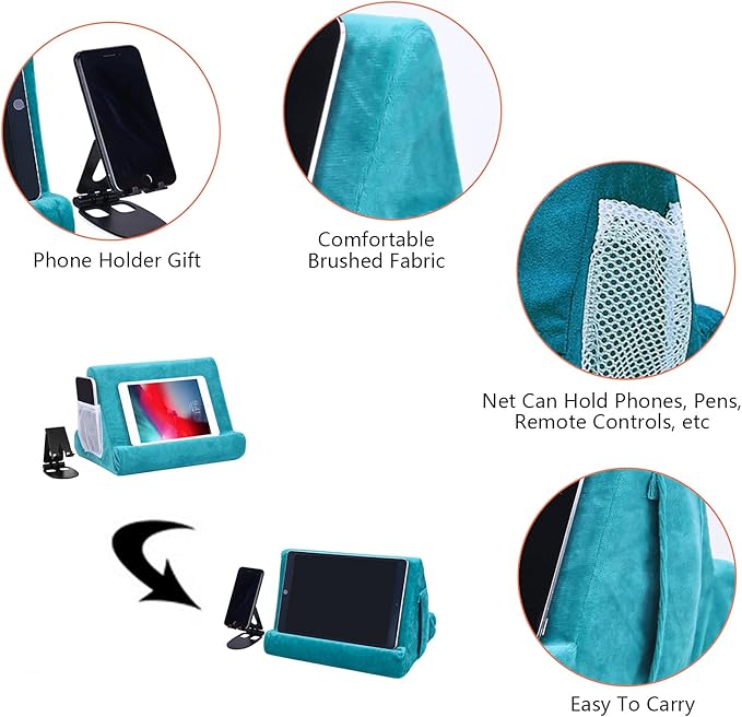 2pcs Multi-Angle Tablet Holder Cushion Stand with Net Pocket & Black Color Phone Stands Upgraded Tablet Pad Support for Phone,Pad,Books (Lakeblue)