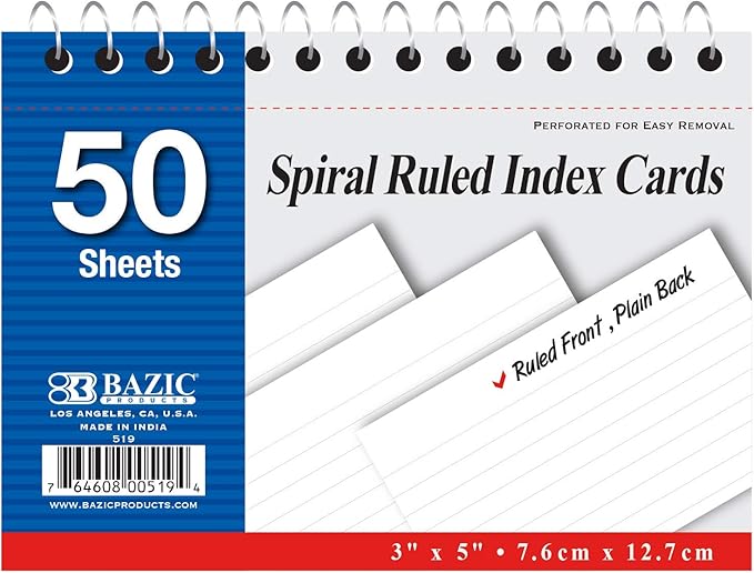 B BAZIC PRODUCTS 50 Ct. Spiral Bound 3" X 5" Ruled White Index Card (519)