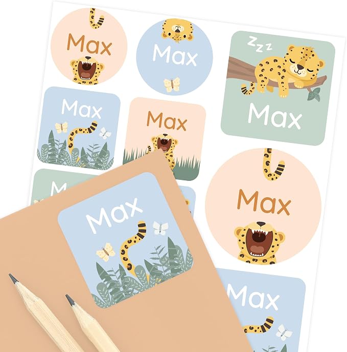 Camp Name Labels for Kids (33) – Custom Waterproof Stickers for Water Bottles, Lunch Boxes, Daycare & School with Unique Designs - Leopard