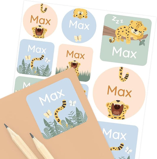 Camp Name Labels for Kids (33) – Custom Waterproof Stickers for Water Bottles, Lunch Boxes, Daycare & School with Unique Designs - Leopard