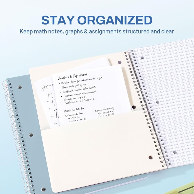 SUNEE Spiral Notebook, 1-Subject, Graph Ruled Paper, 8" x 10-1/2", 100 Sheets per Notebook, 3-Hole Punched Paper, Water Resistant Cover, Spiral Grid Notebooks for Work, Home, School, Grey Blue