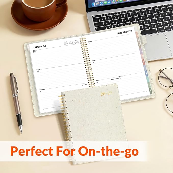 SUNEE 2026-2027 Weekly & Monthly Planner 6.4"x8.5" - 12 Month (July 2026 - June 2027), Vegan Leather Cover Planner Academic Year Calendar, Pocket, Notes, Monthly Tab, Beige