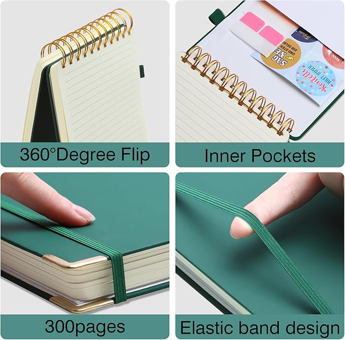 300 Pages Top Spiral Notebook 6x9 Leather Steno Pad Hardcover Steno Notebooks Top Spiral for Work Steno NotePad, 100 GSM Thick Paper, Left Handed Notebooks for Office College School,Green