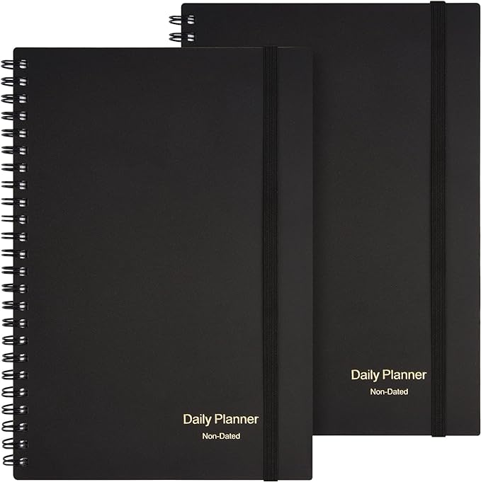 Daily Planner Undated, Asten to Do List Notebook Hourly Schedules Spiral Appointment Planner for Men and Women,PVC Hardcover,Elastic Closure, Inner Pocket 8.3" x 5.8" (Black, 2 Pack)