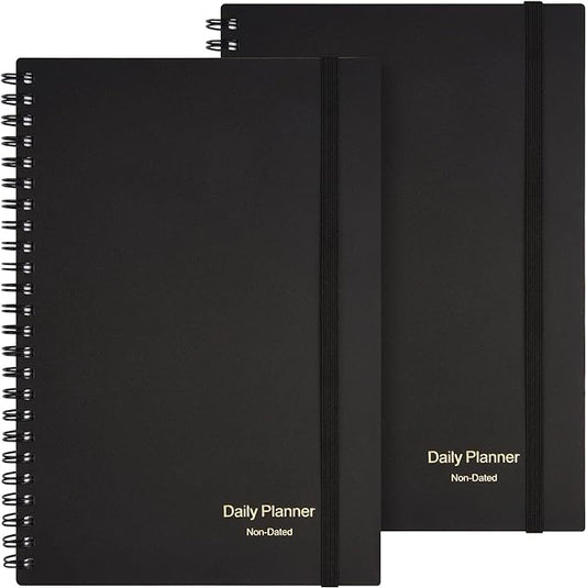 Daily Planner Undated, Asten to Do List Notebook Hourly Schedules Spiral Appointment Planner for Men and Women,PVC Hardcover,Elastic Closure, Inner Pocket 8.3" x 5.8" (Black, 2 Pack)