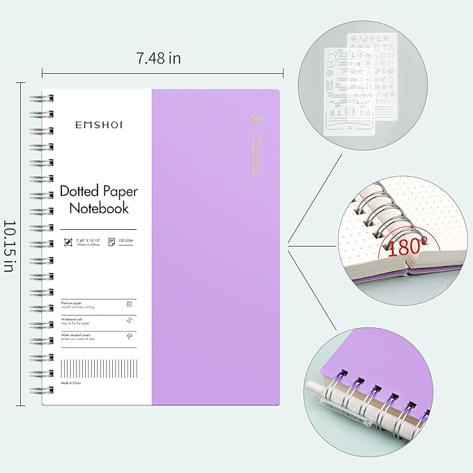 EMSHOI Dotted Journal Spiral Notebook, 300 Pages, B5 Large 7.48"x10.15", 100 GSM Thick Paper, Flexible Plastic Cover, 5mm Dot Grid Notebook for Journaling, Planning, Drawing, Writing, Purple