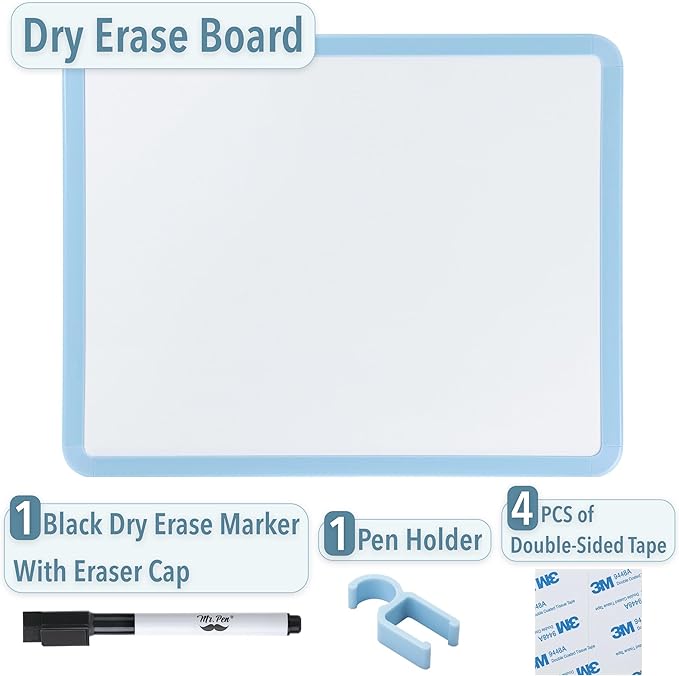 Mr. Pen- Dry Erase Board, 14” x 11” with a Black Dry Erase Marker, Blue Frame, Small Mini White Board for Students, Fridge, Wall, Locker, Includes Double Sided Tapes