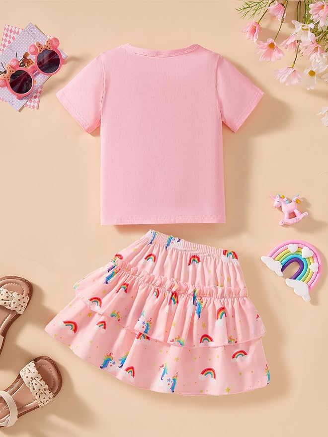 Little Girls Skirt Set - 2 Piece Short Sleeve Top Shirred Tiered Skirt Outfit Girls Spring Summer Clothes 3-8 Years