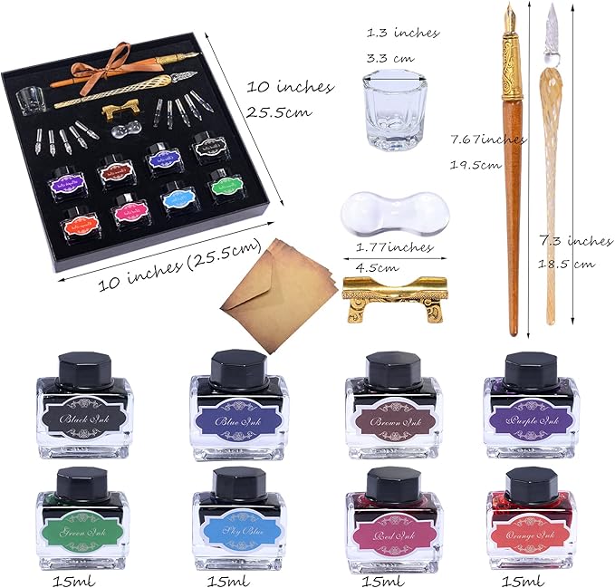 Calligraphy Pen Set，Vintage Fountain Wooden Glass Dip Pen Ink Writing Pen with 8 Colors of Ink 10 Types of Replaceable Nibs 2 Pen Holders Exquisite Present for Beginners