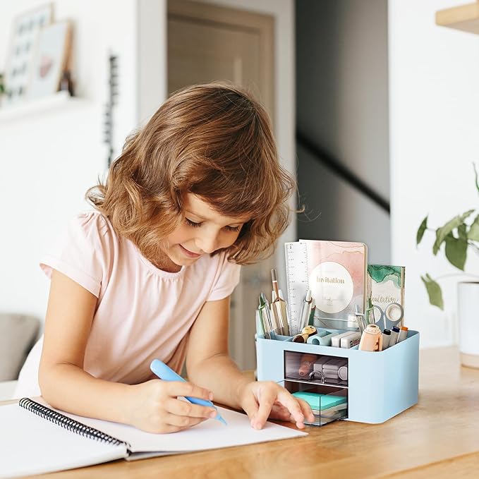 Cayxenful Pencil Pen Holder for Desk,2 Drawer Desk Organizers,5 Compartments Desktop Storage Stationery Supplies Organizer, Cute Pencil Cup Pot For Office, School, Home(Blue)