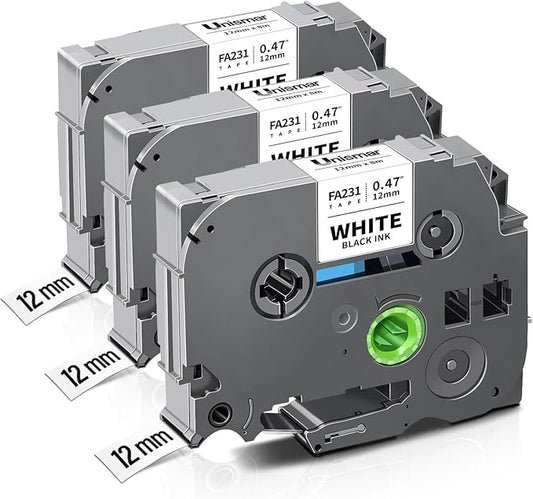 Unismar Compatible for Brother TZ Tape TZe-FA231 TZ-FA231, 12mm 0.47'' x 3m Fabric Iron-on Clothing Laminated White Label Tapes for Ptouch PT-D220 Ptd210 Pth110 Ptd400 Ptd200, Black on White, 3-Pack
