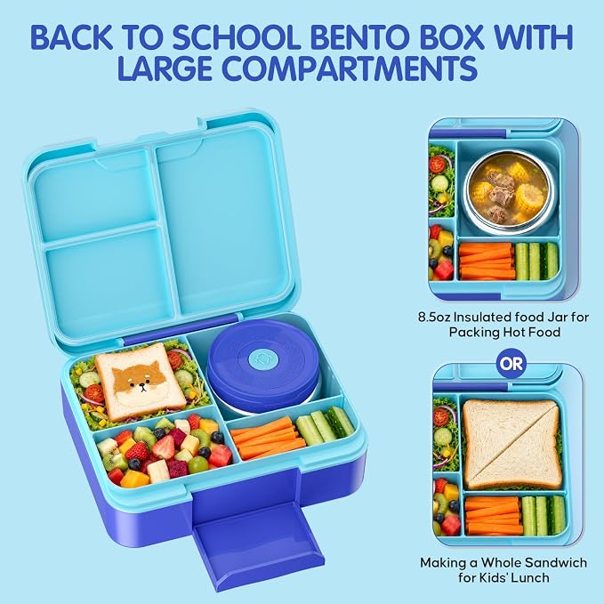 HOMETALL Bento Lunch Box for Kids with 8.5oz Insulated Food Thermo - Leakproof Bento Box Lunch Bags for Ages 3 to 14, Back to School BPA-Free Lunchbox Snack Containers Reusable Daycare Meal Prep,Blue