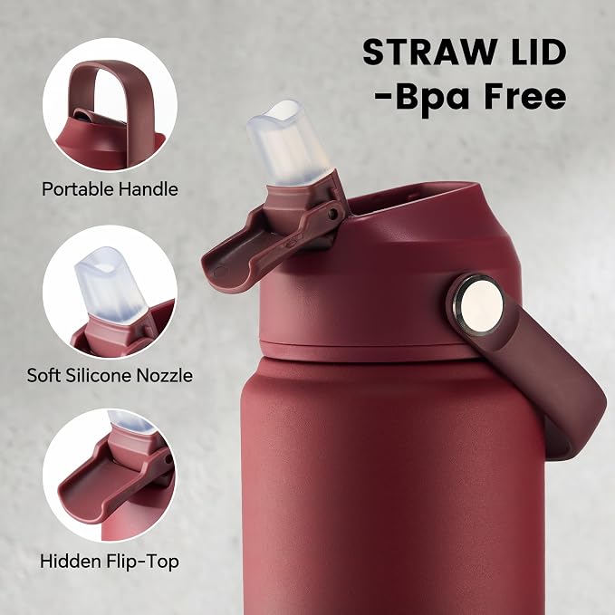 Fijinhom 18 oz Insulated Water Bottle with Straw Lid, Stainless Steel Water Bottles, Double Wall Vacuum, Portable Handle & Non-slip Bottom, BPA Free Leak Proof Metal Bottles, Keep Cold 24H, Red/Black