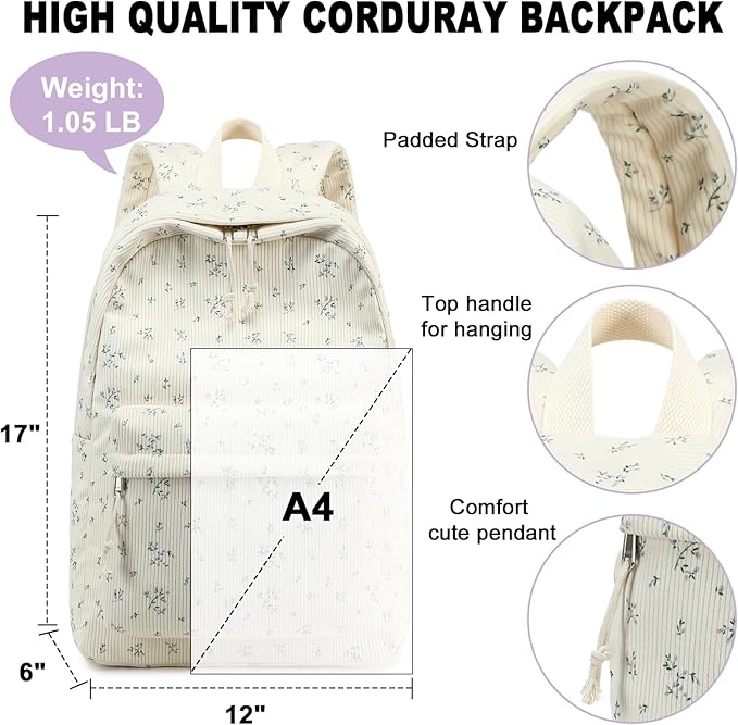 BTOOP School Backpack for Teens Large Corduroy Bookbag Lightweight 15.6 inch Laptop Bag for Girls Women Casual High School College