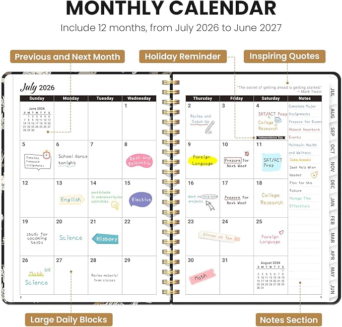 Planner 2026-2027, Academic Planner Weekly and Monthly, Jul 2026 - Jun 2027, Spiral Bound School Planning Tool with Tabs and Pocket, Perfect for Students & Teacher, 6.3" x 8.5", Dino Fossils